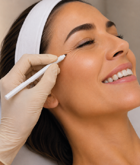 Profissional usando luvas e lápis branco para realizar a marcação dos pontos de aplicação de toxina botulínica ao redor dos olhos de uma paciente sorrindo em Curitiba.
