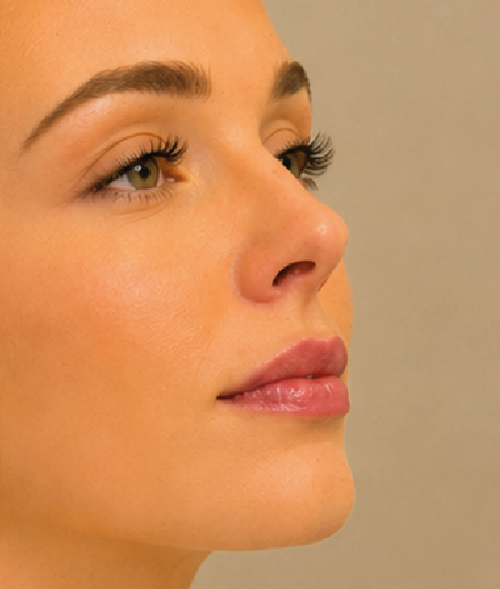 Perfil lateral do rosto de uma mulher com pele radiante, destacando a harmonia e o contorno do nariz, lábios e queixo após procedimento de perfiloplastia não-cirúrgica em Curitiba.