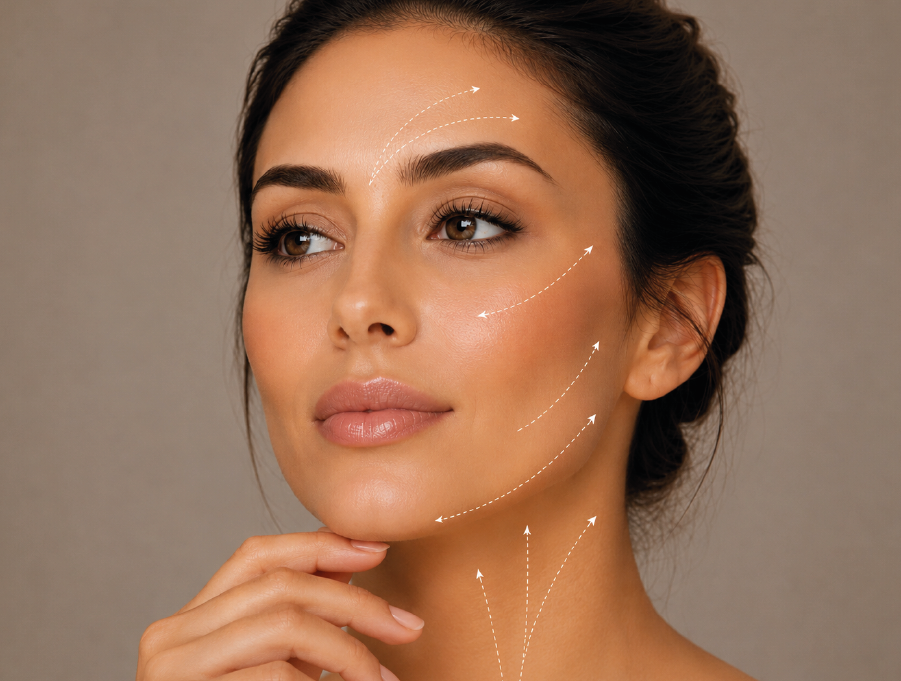 Mapeamento de pontos de sustentação e vetores de tração no rosto de uma mulher para o tratamento de harmonização facial Full Face Método Quartz.