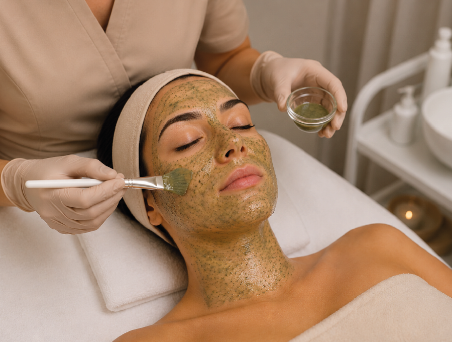 Profissional aplicando máscara herbal do Peeling Rose de Mer com pincel no rosto de uma paciente para renovação cutânea.