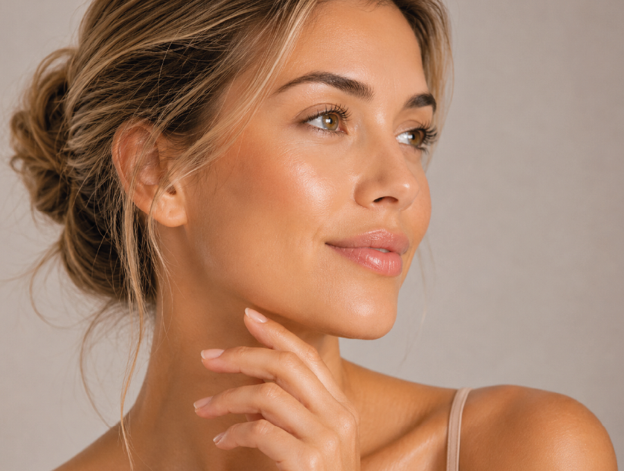 Perfil de rosto feminino destacando a firmeza, elasticidade e qualidade da pele após sessão do biorremodelador Profhilo.